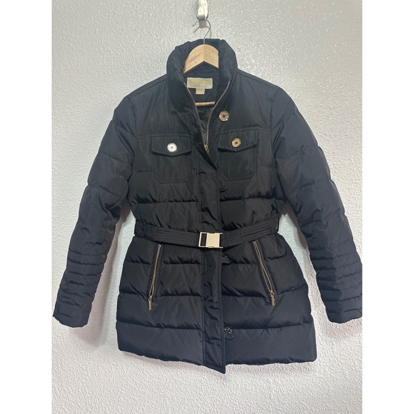 Michael Kors Black Belted Puffer Coat Jacket Gold Hardware Womens PM Petite Med - Picture 1 of 7